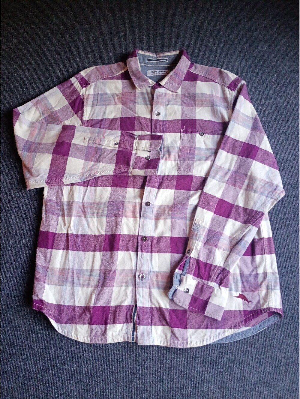 Tommy Bahama Canyon Beach Flannel Large Purple and White Plaid Shirt